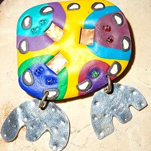 1990s Yellow blue and green decorated abstract irregular geometric shapes brooch